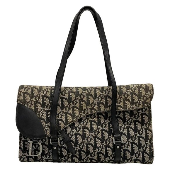 Auth DIOR/ChristianDior Saddle Bag Black Cream Jacquard Leather Handbag - Picture 1 of 16